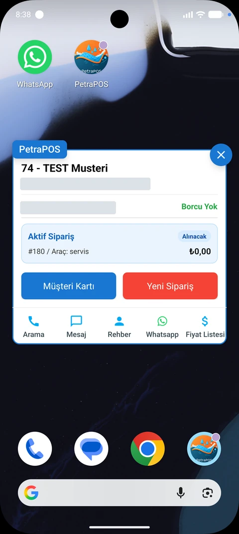 PetraPOS gerçek uygulama ekranı; kişisel alanlar gizlenmiştir